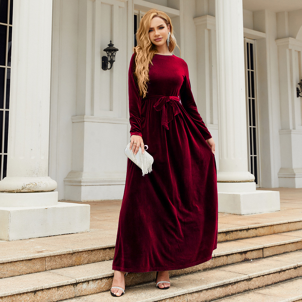 Elegant Velvet Maxi Dress - Autumn Winter Long Sleeve Floor Length Evening Gown